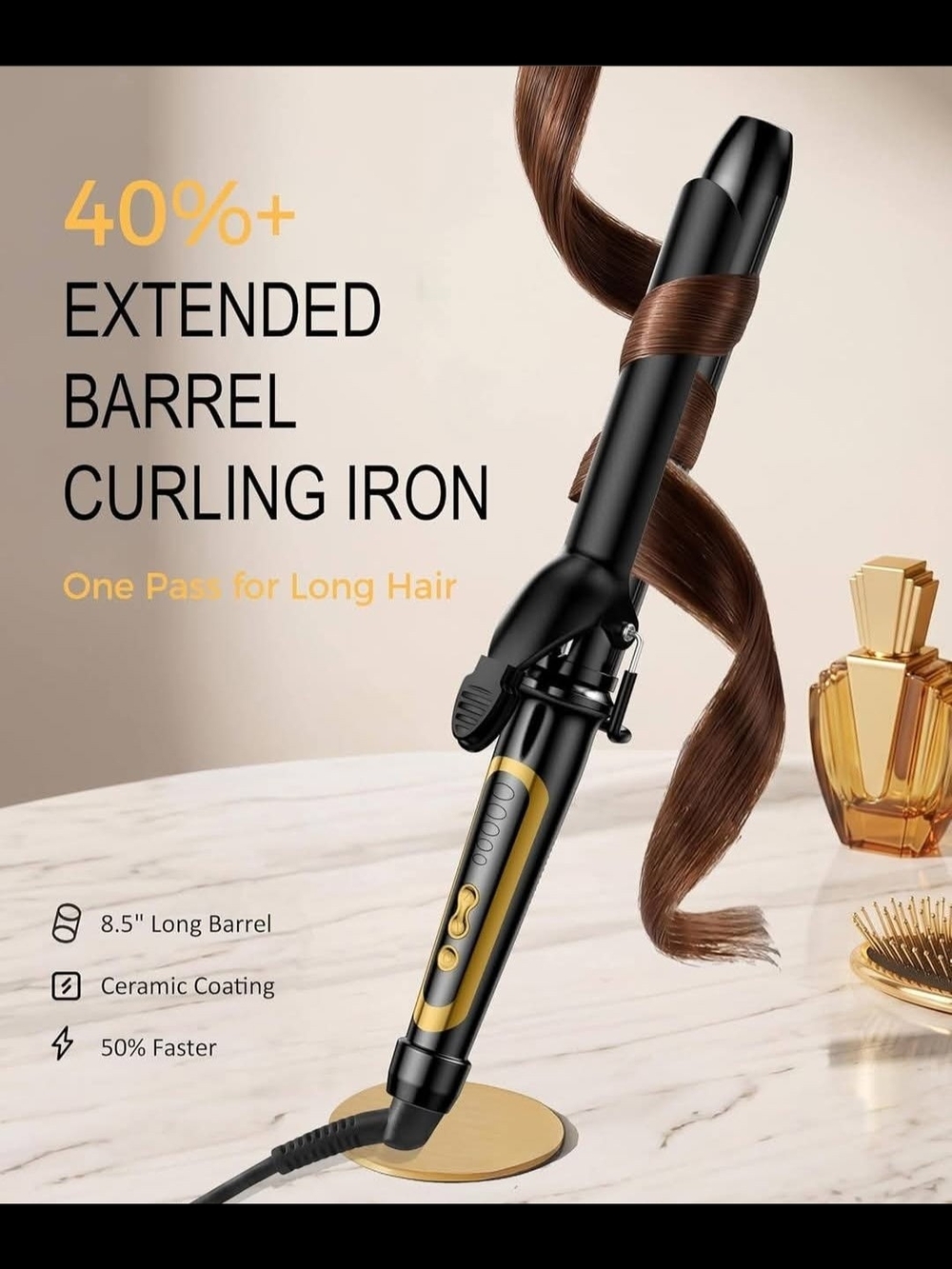 Curling Iron, Black and Gold Curling Iron for Women Hair - Extended Barrel